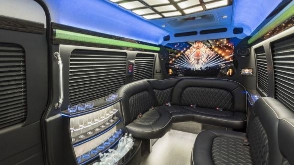 Interior of Charter Bus Company Mooresville's Sprinter Limo in Mooresville